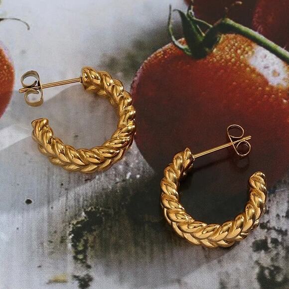 Vintage Woven C-Shape‎ Hoop Earrings 18K Gold Plated Stainless Steel - Picture 10 of 11
